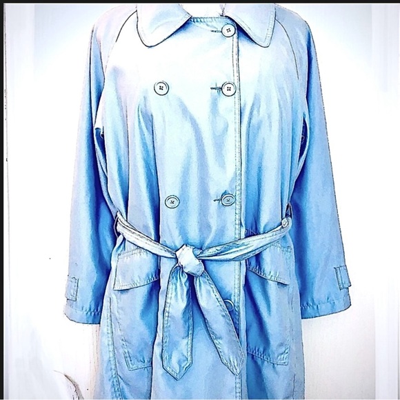 Eddie Bauer Vintage Trench Coat Light Blue Belted Lightweight Water-Resistant - Picture 2 of 16